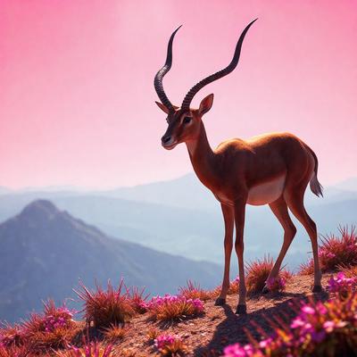 The primary subject of the image is a gazelle, a type of antelope, standing on a hill with a pink sky in the background. The setting is a mountainous area with a grassy hillside. The visual style of the image is a combination of photo and digital art, creating a realistic yet artistic representation of the gazelle. The colors and mood of the image are predominantly pink, giving it a serene and peaceful atmosphere.